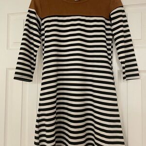 Yelete Striped Black and White Dress with Brown Suede Accent. 3/4 Sleeve.